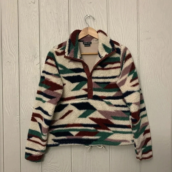 Prana Polar Escape Snap Up cream burgundy tribal teddy pullover | size M - Picture 3 of 9
